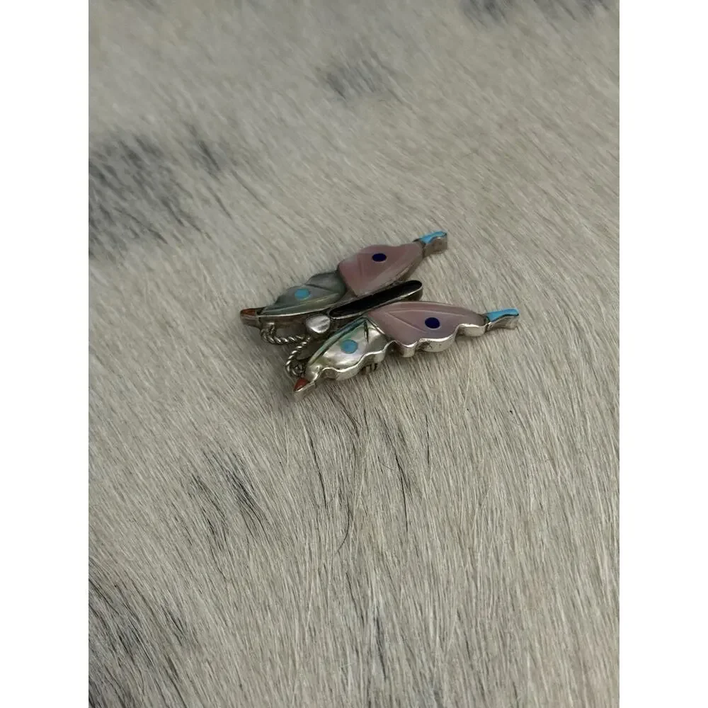 Zuni Sterling Silver VE inlay Butterfly Pendant Pin Turquoise Coral Shell Onyx